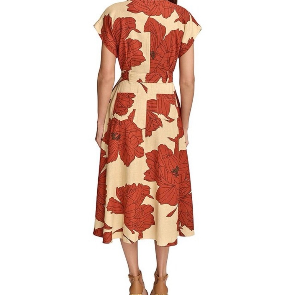 Button-Front Beige and Rust Floral Midi Dress - Picture 2 of 6